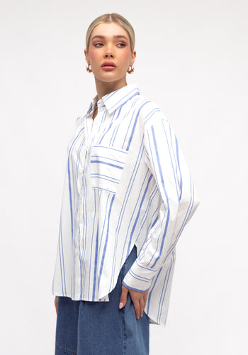 ZANA BUTTON THROUGH SHIRT - WHITE & BLUE