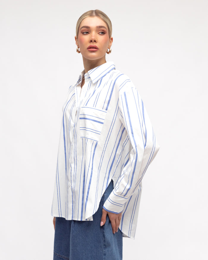 Load image into Gallery viewer, ZANA BUTTON THROUGH SHIRT - WHITE & BLUE