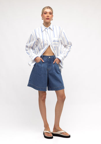 ZANA BUTTON THROUGH SHIRT - WHITE & BLUE