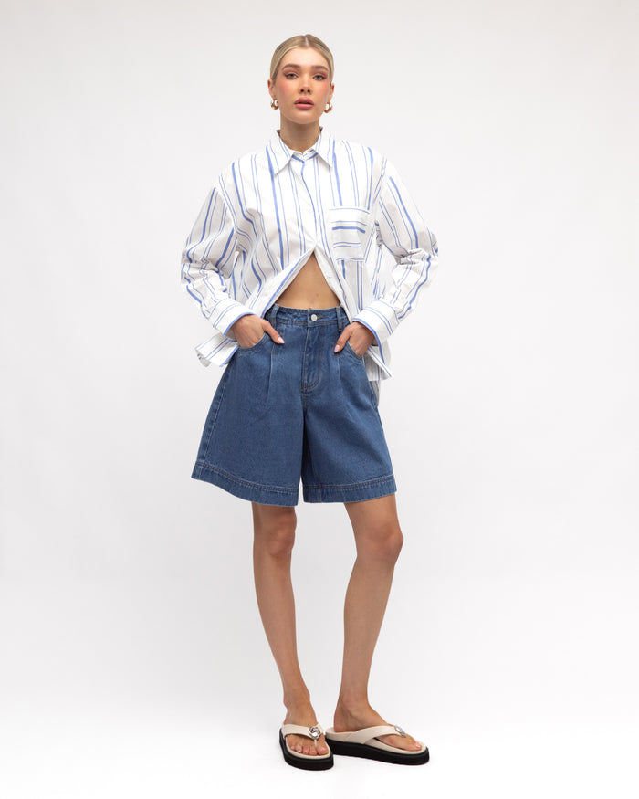 Load image into Gallery viewer, ZANA BUTTON THROUGH SHIRT - WHITE & BLUE