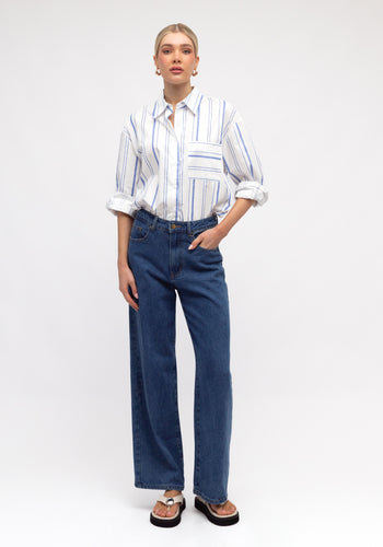 ZANA BUTTON THROUGH SHIRT - WHITE & BLUE