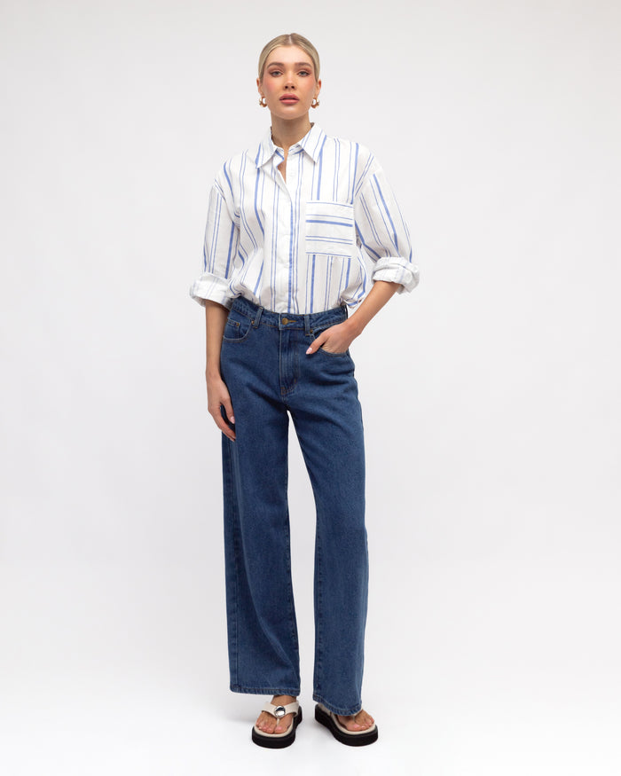 Load image into Gallery viewer, ZANA BUTTON THROUGH SHIRT - WHITE & BLUE