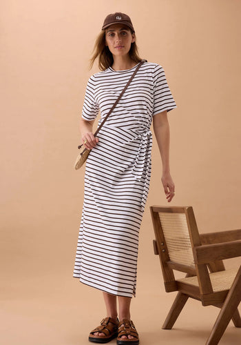 CERES LIFE ALLORA TIE MIDI TEE DRESS - CHOC STRIPE