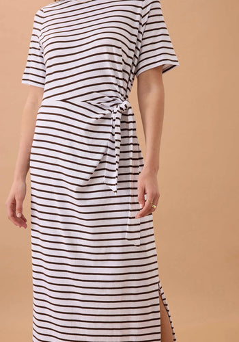 CERES LIFE ALLORA TIE MIDI TEE DRESS - CHOC STRIPE