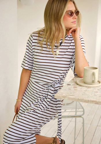 CERES LIFE ALLORA TIE MIDI TEE DRESS - CHOC STRIPE