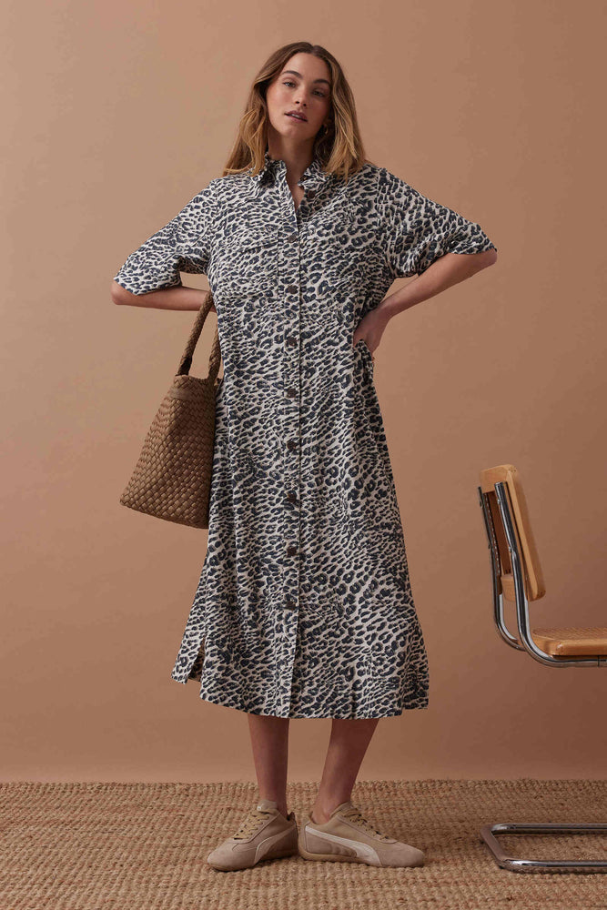 Load image into Gallery viewer, CERES LIFE AVA SHORT SLEEVE YOKE DETAIL MIDI DRESS - LEOPARD