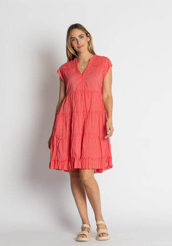 LULALIFE SHAYNA TIERED COTTON DRESS - GERANIUM