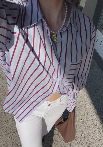 ZANA BUTTON THROUGH SHIRT - BLUE & BURGUNDY