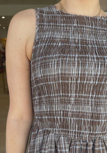 JUNO SHIRRED BODICE MINI DRESS - CHOCOLATE CHECK