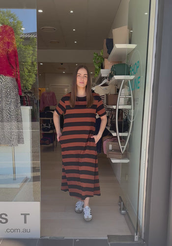 CARA COTTON JERSEY DRESS - TAN/BLACK STRIPE