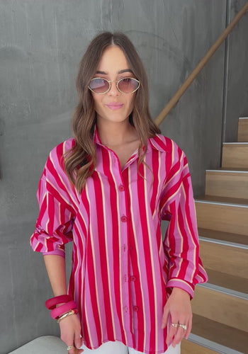 RENATA 100% COTTON SHIRT - RED/PINK STRIPE