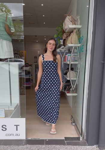SOREN MAXI DRESS - NAVY & WHITE SPOT