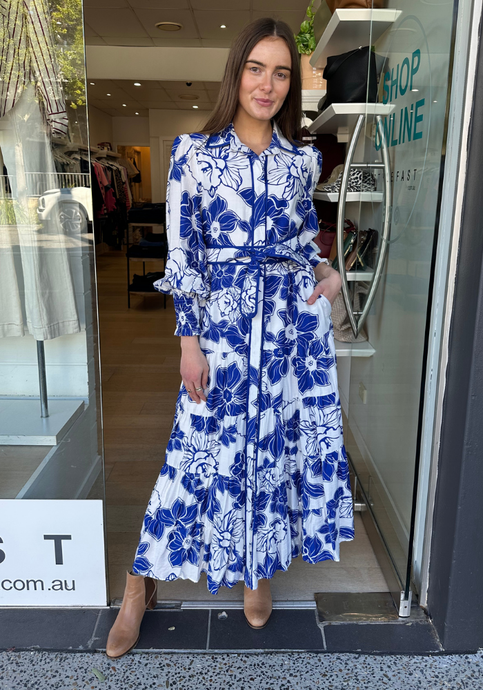 JULIE TIERED MAXI DRESS - BLUE PRINT