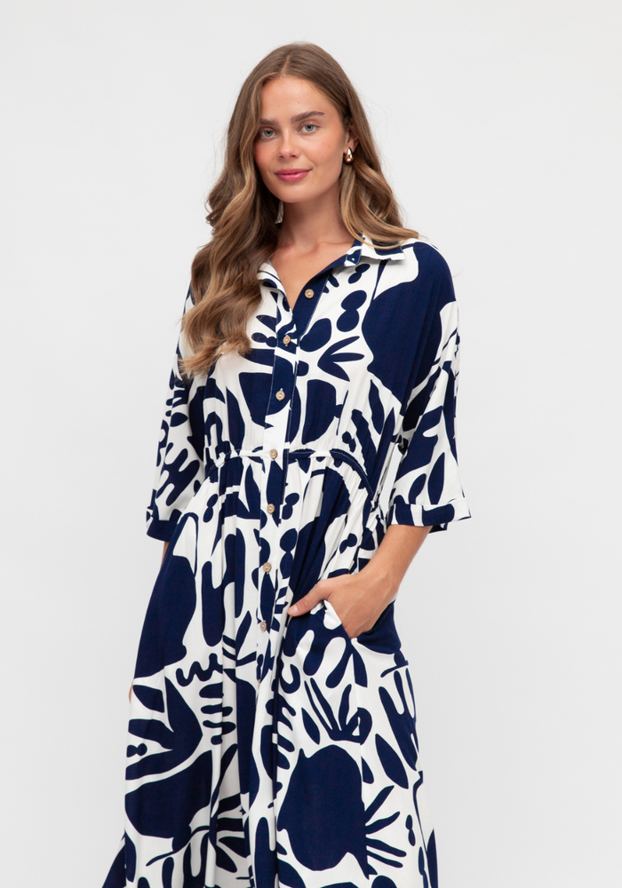 Load image into Gallery viewer, MIRAGE MIDI DRESS - NAVY PRINT