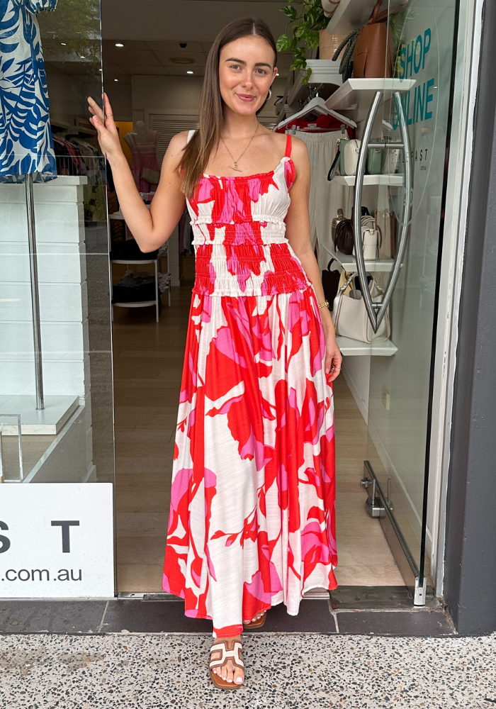 SIA SHIRRED MAXI DRESS - RED/PINK PRINT