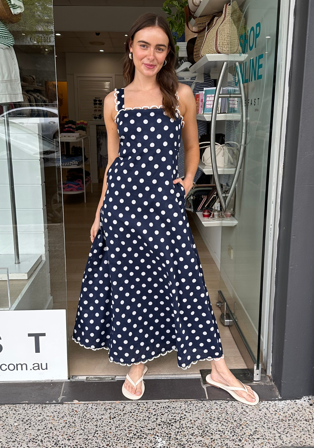 SOREN MAXI DRESS - NAVY & WHITE SPOT
