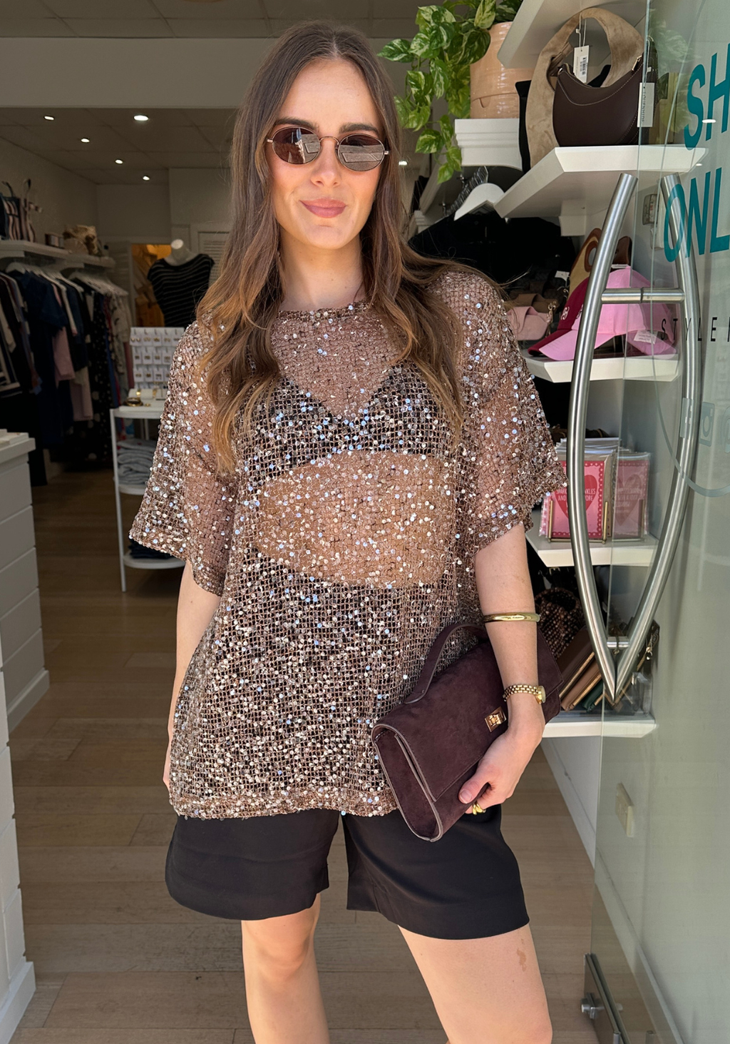 ELSIE SEQUIN TEE - MOCHA