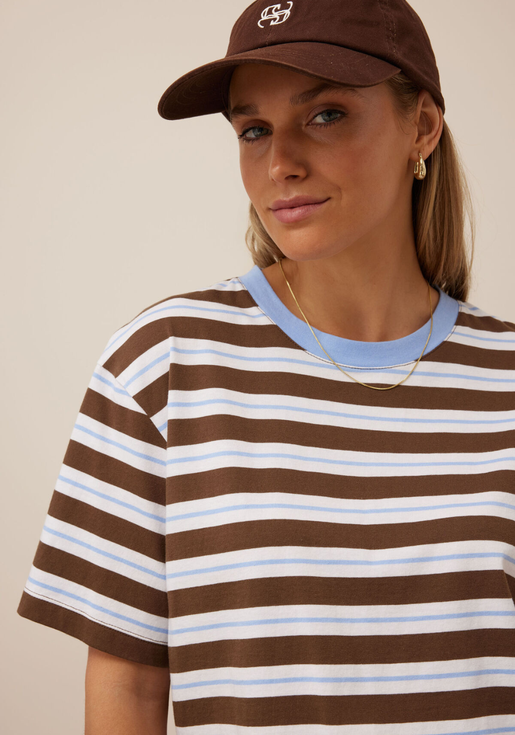 CERES LIFE STEVIE SLOUCHY TEE - COCOA SKY BLUE STRIPE