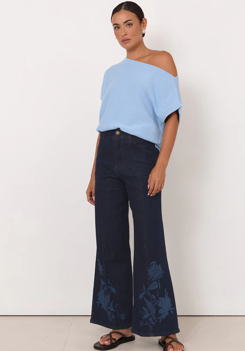 ADORNE BRODY WIDE LEG LASER PRINT PANT - DARK DENIM