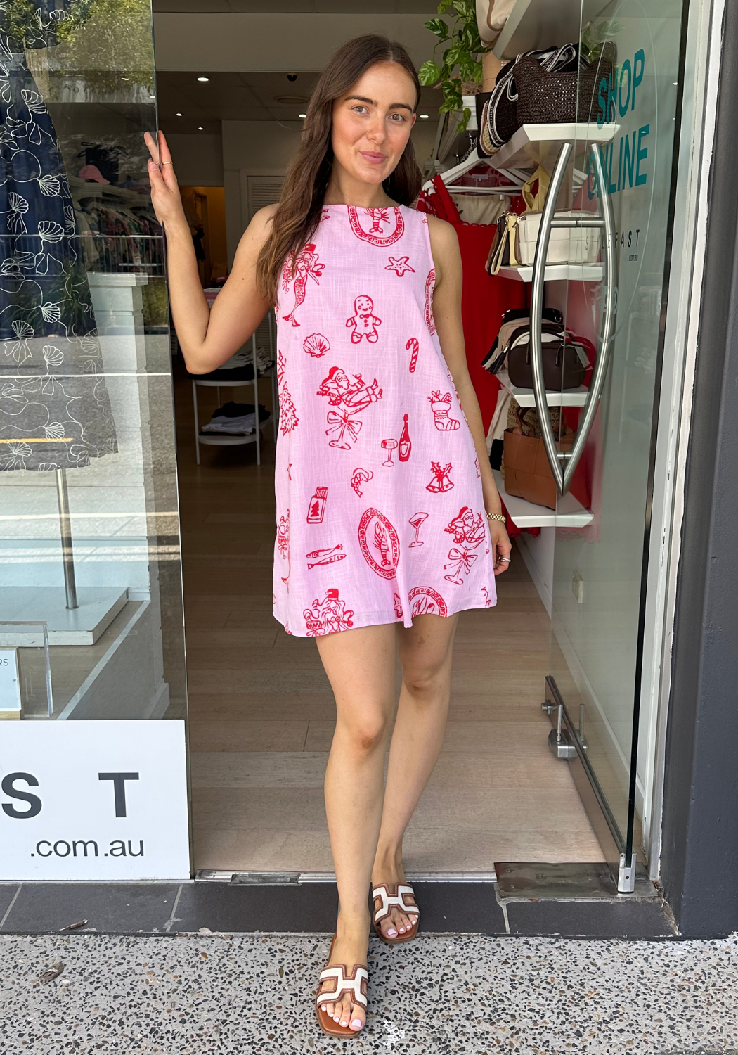 BY FRANKIE ZANA SHIFT DRESS - PINK/RED CHRISTMAS