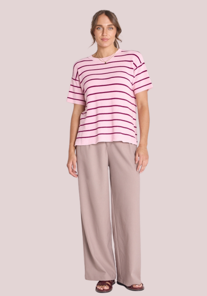 Load image into Gallery viewer, FEATHER + NOISE JASPER KNITTED TEE - PINK &amp; BURGUNDY