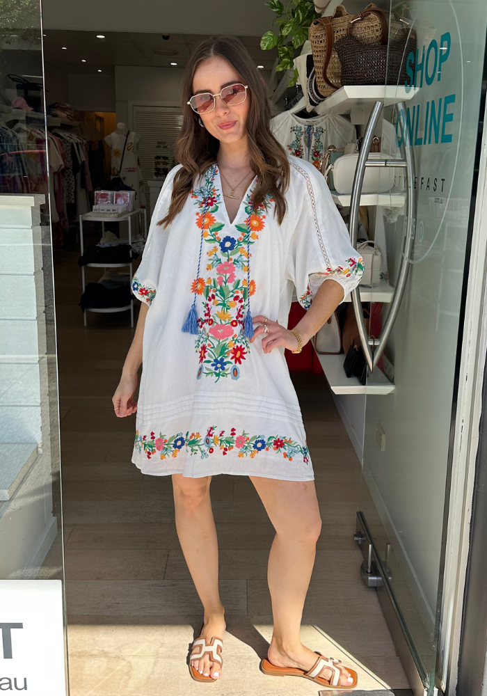 SHARN MINI DRESS - WHITE/ EMBROIDERY