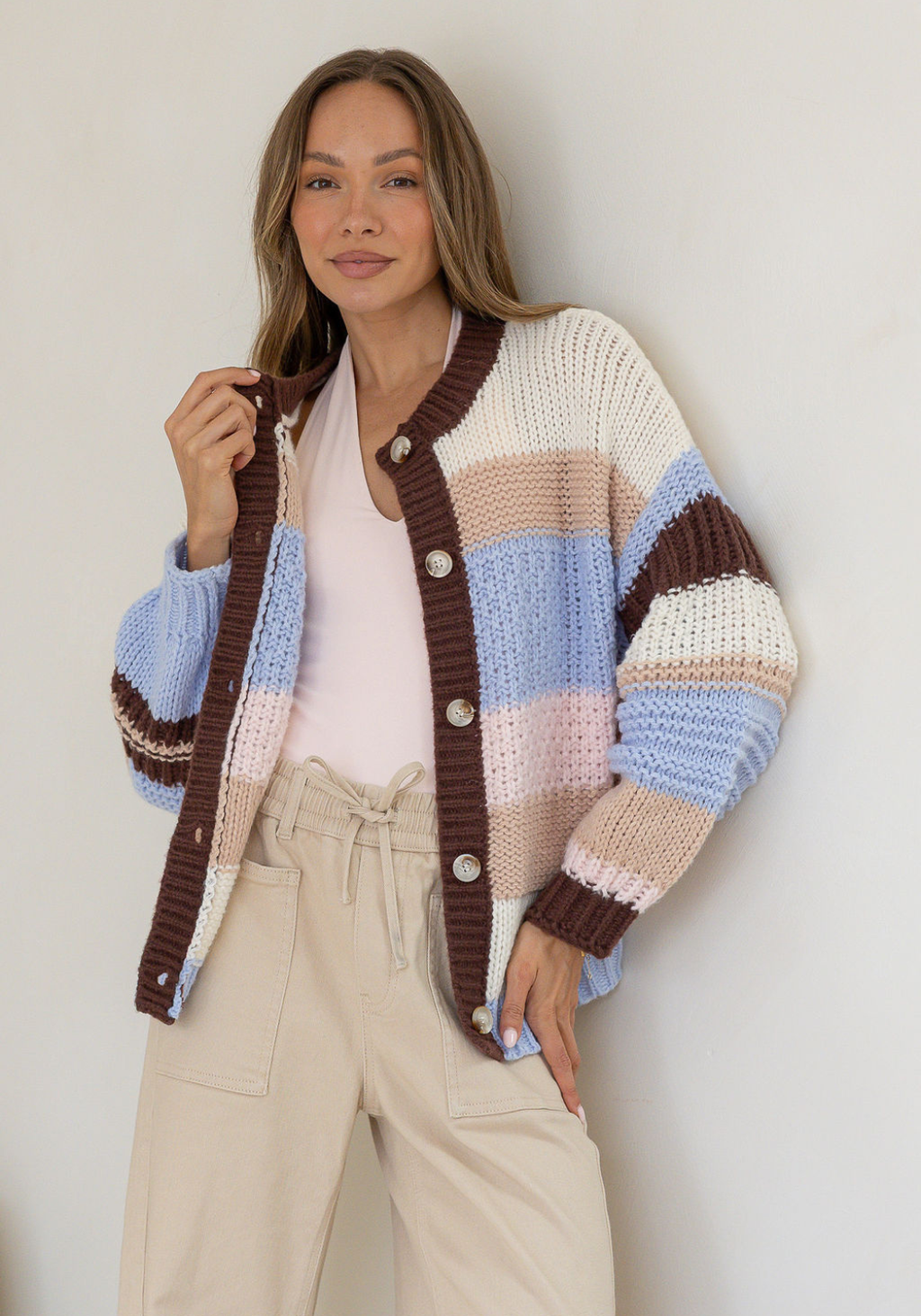 HALLIE KNIT CARDI - CHOC/BLUE STRIPE