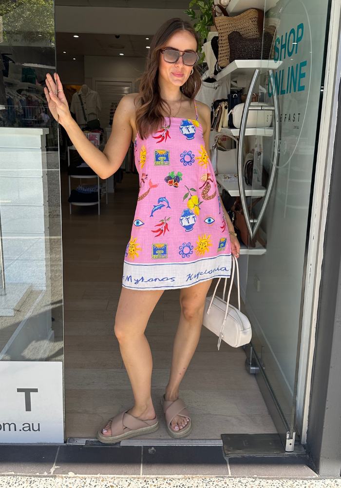 BY FRANKIE GREEK ISLAND MINI DRESS - PINK PRINT
