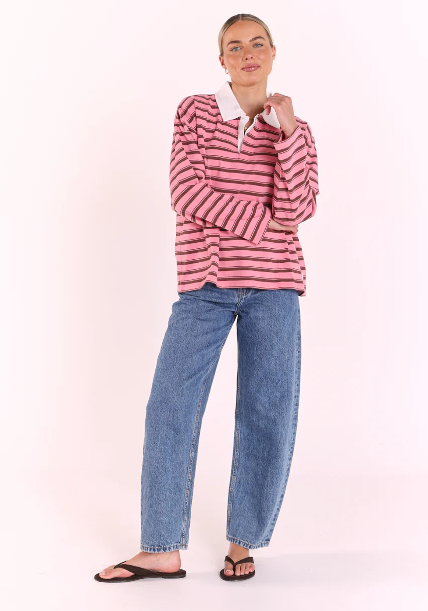 FEATHER + NOISE FINN LONG SLEEVE RUGBY TOP - PINK/CHOC STRIPE