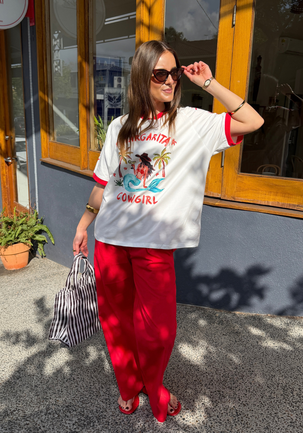 BY FRANKIE V NECK MARGS COWGIRL TEE - RED/PINK