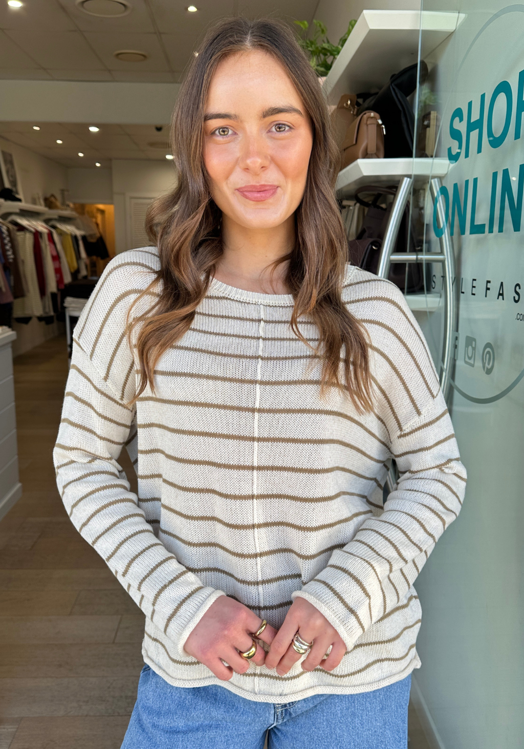 INDI LIGHTWEIGHT L/S KNIT TOP - OATMEAL/SAGE STRIPE