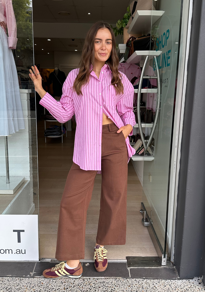 FEATHER + NOISE EMILY SHIRT - PINK BURGUNDY STRIPE