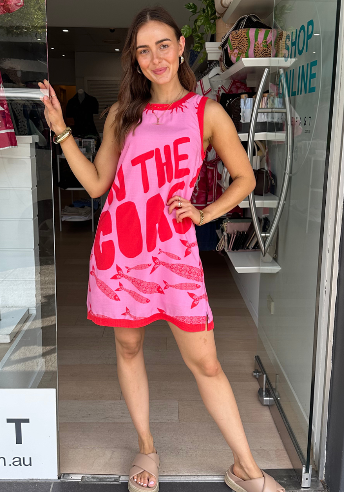 ON THE COAST MINI SHIFT DRESS - RED/PINK PRINT