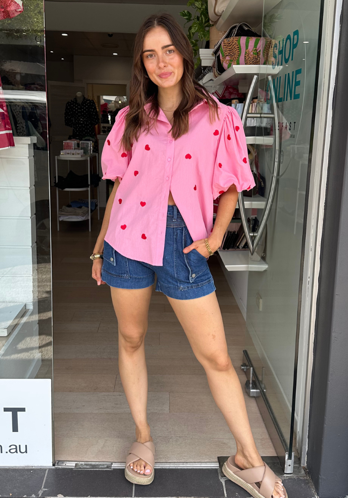 CARMEN HEART BUTTON THROUGH SHIRT - PINK/ RED HEART