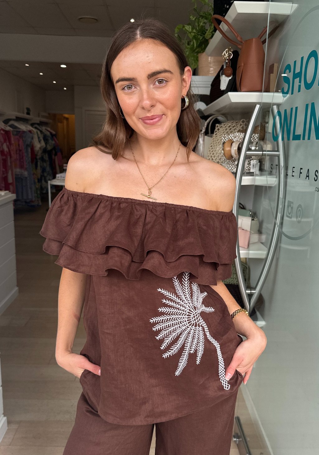 ADORNE SERENA LINEN FRILL TOP - CHOCOLATE