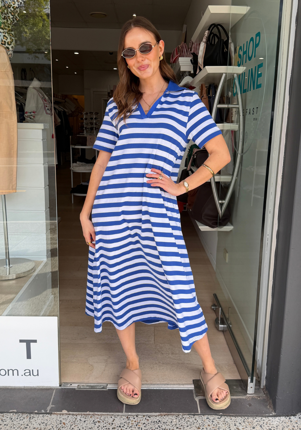 BROOKE COTTON JERSEY MIDI DRESS - COBALT & WHITE STRIPE