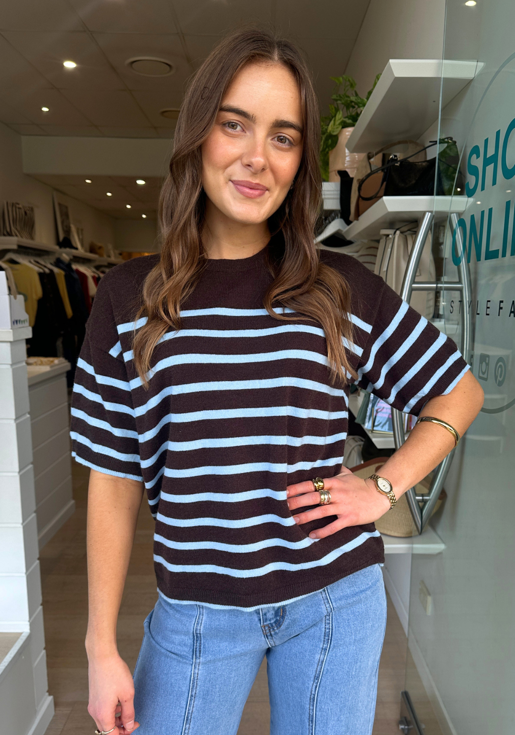TASMYN SHORT SLEEVE KNIT TEE - CHOCOLATE/BLUE STRIPE