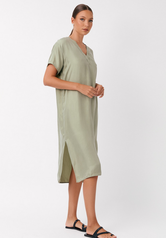 Load image into Gallery viewer, ADORNE GEORGIA V NECK CUPRO MIDI DRESS - KHAKI