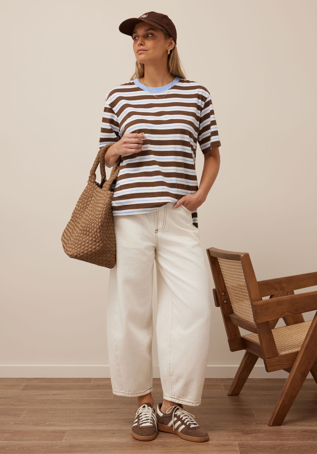 CERES LIFE STEVIE SLOUCHY TEE - COCOA SKY BLUE STRIPE