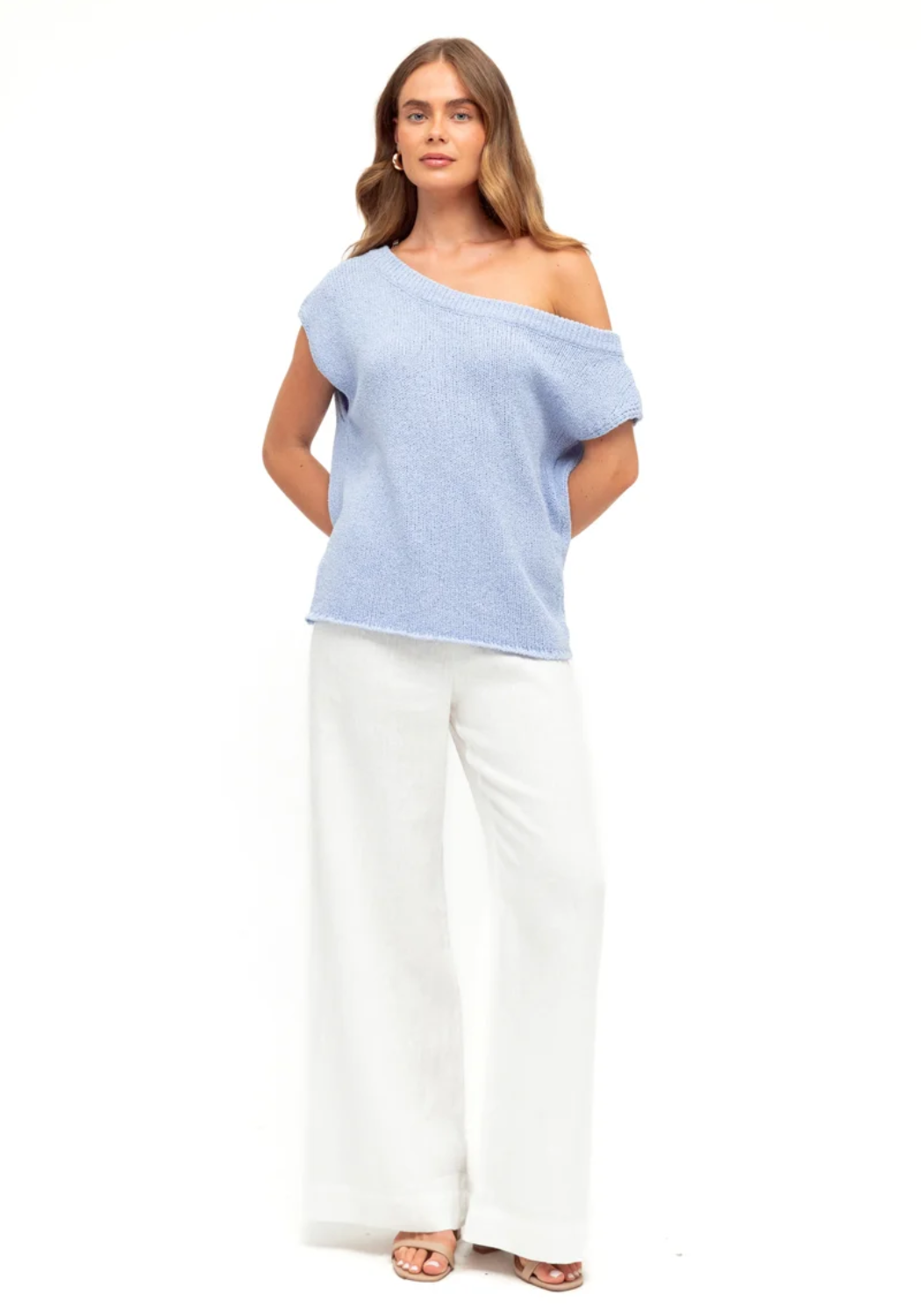 MADISON OFF THE SHOULDER KNIT TOP - SKY BLUE