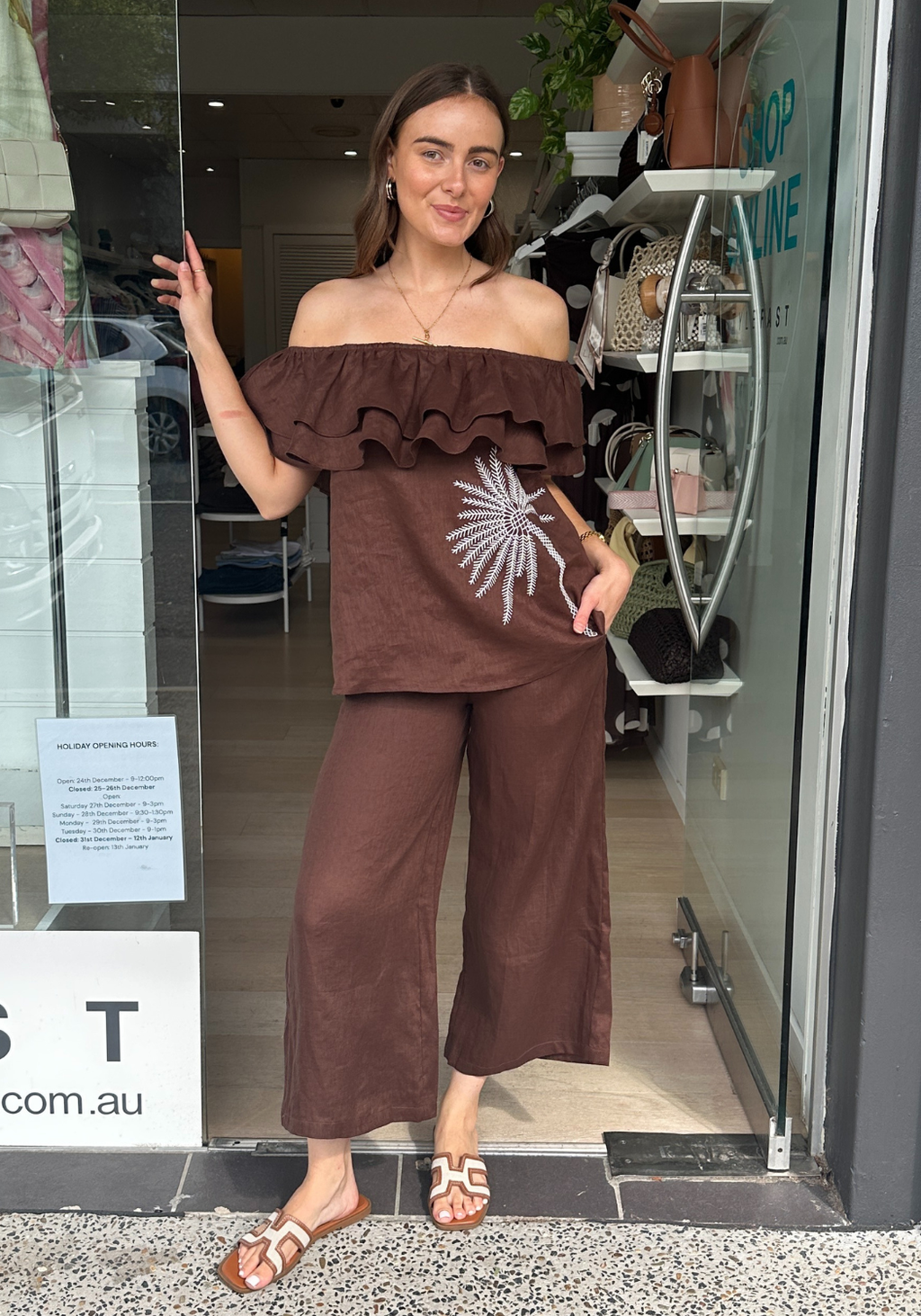 ADORNE SERENA LINEN FRILL TOP - CHOCOLATE