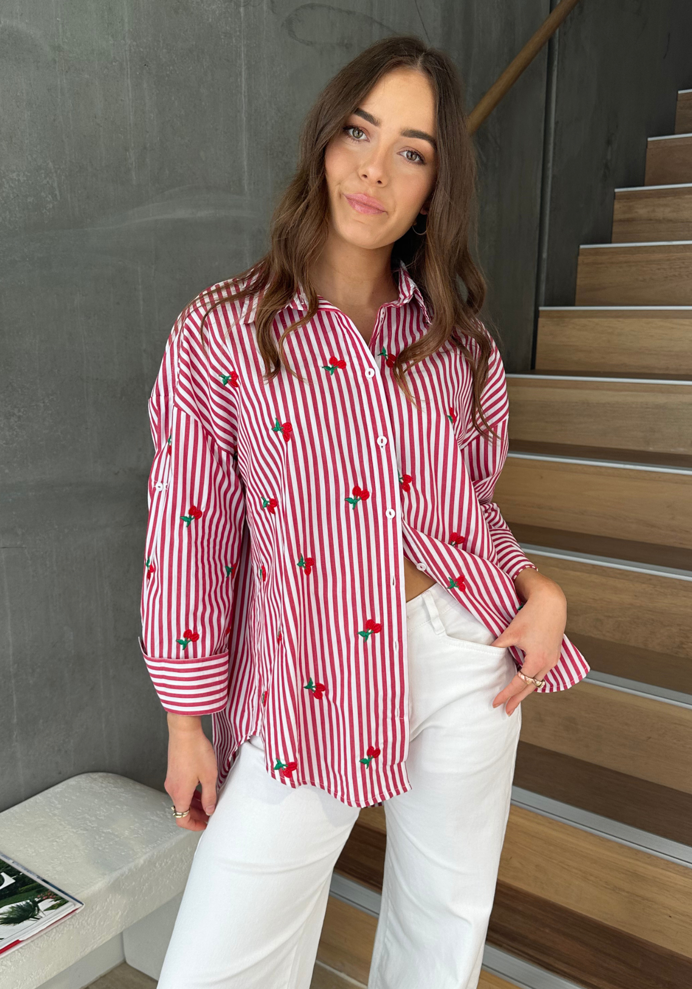 KIMMY BUTTON THROUGH SHIRT - RED STRIPE