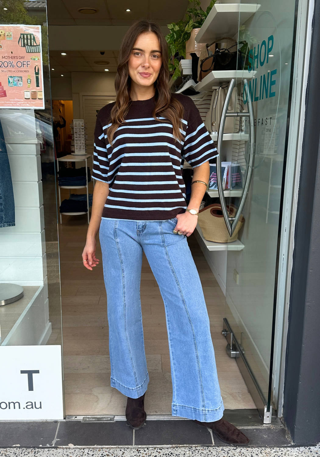TASMYN SHORT SLEEVE KNIT TEE - CHOCOLATE/BLUE STRIPE