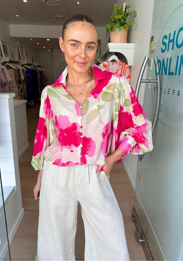 Load image into Gallery viewer, AINSLEY BUTTON THROUGH BLOUSE - PINK PRINT