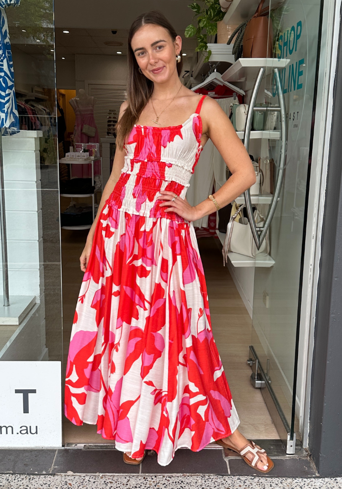 SIA SHIRRED MAXI DRESS - RED/PINK PRINT