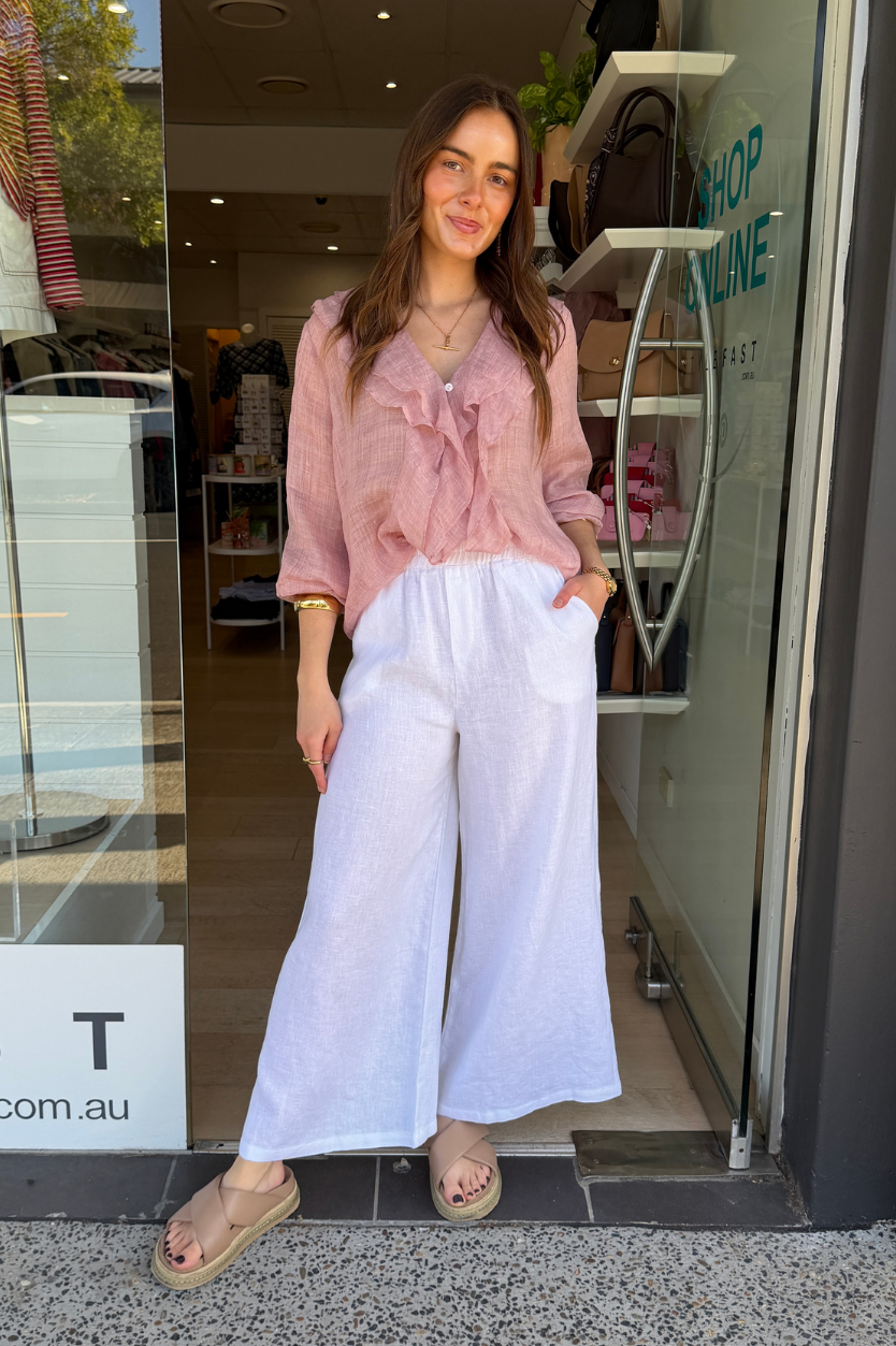 TINASHE WIDE LEG LINEN PANT - WHITE