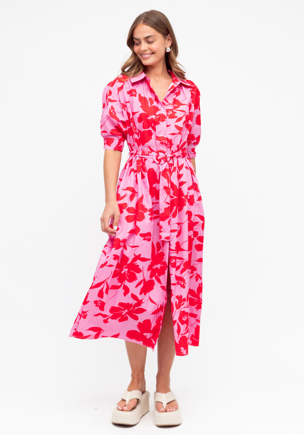 AVERY MIDI SHIRT DRESS - RED & PINK PRINT