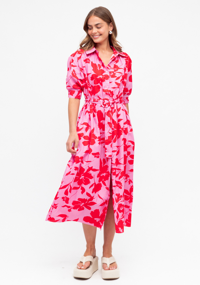 Load image into Gallery viewer, AVERY MIDI SHIRT DRESS - RED &amp; PINK PRINT