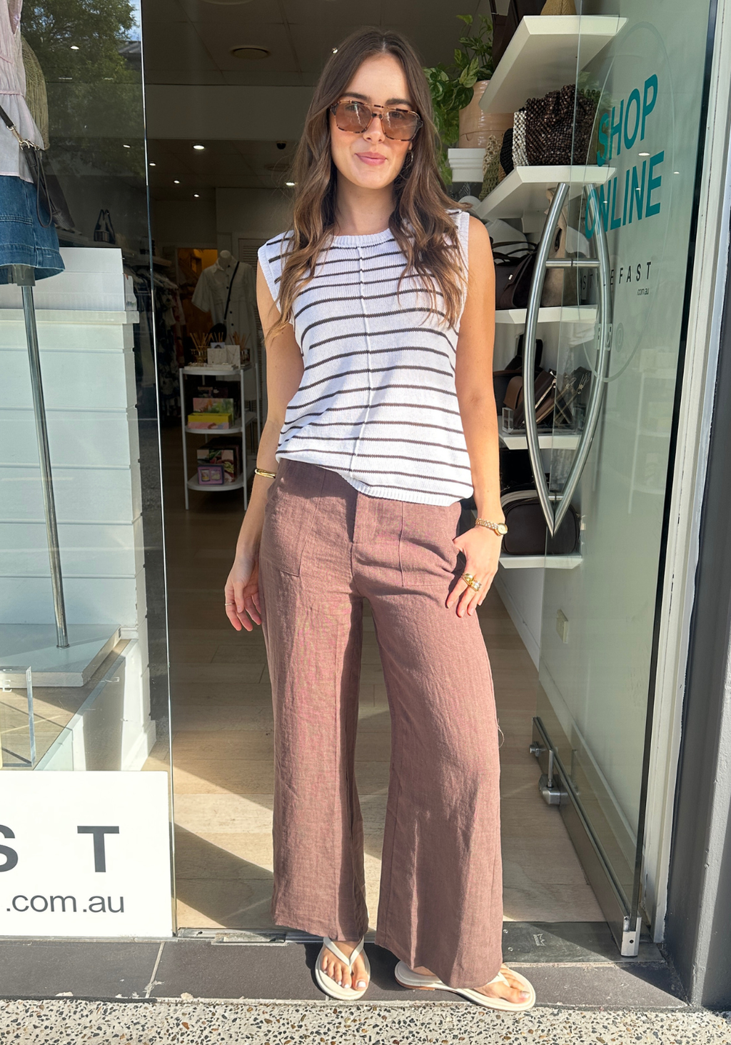 ZARA LOOSE KNITTED TANK - CHOC/WHITE STRIPE