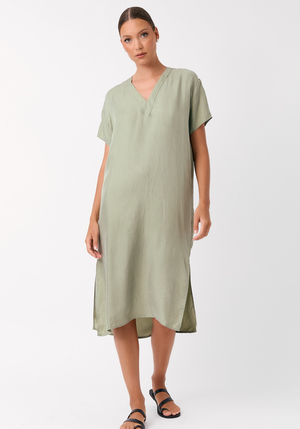 ADORNE GEORGIA V NECK CUPRO MIDI DRESS - KHAKI